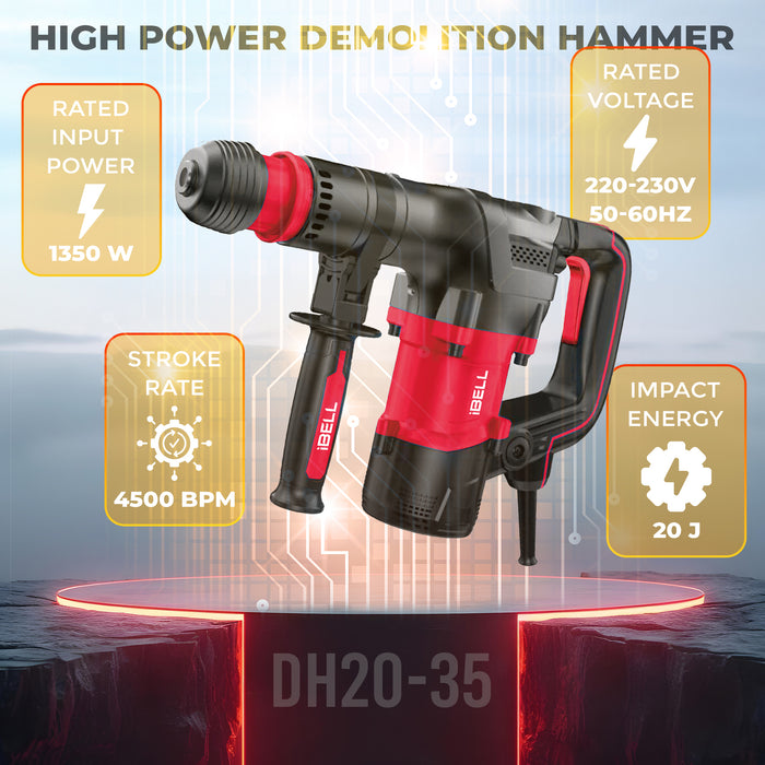 IBELL IBL DH20-35 1350W SDS Hex Demolition Hammer | 20J High Impact Concrete Breaker | 4500 BPM Heavy-Duty Electric Jack Hammer | 5.3 kg Lightweight Design with Anti-Vibration System | For Concrete, Masonry & Construction Work- 6 Months Warranty