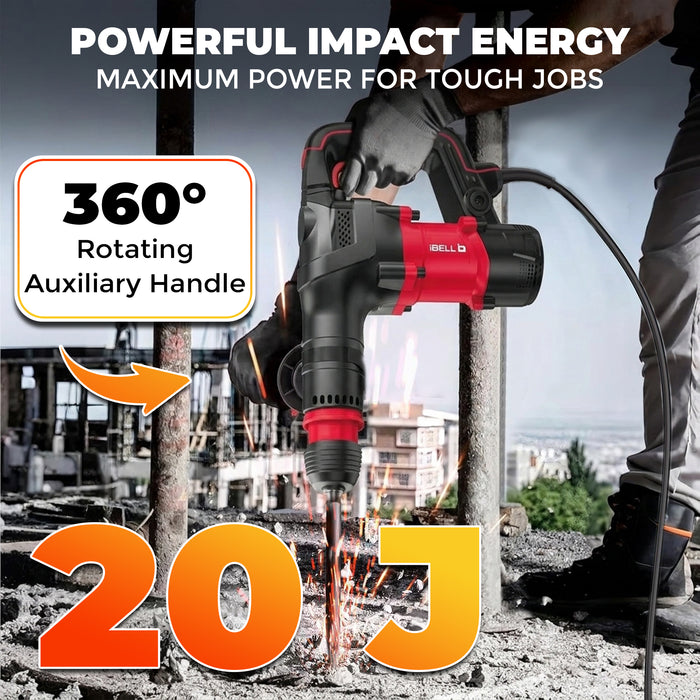 IBELL IBL DH20-35 1350W SDS Hex Demolition Hammer | 20J High Impact Concrete Breaker | 4500 BPM Heavy-Duty Electric Jack Hammer | 5.3 kg Lightweight Design with Anti-Vibration System | For Concrete, Masonry & Construction Work- 6 Months Warranty