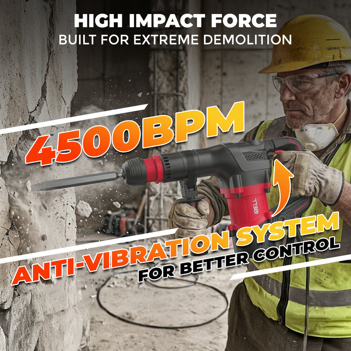 IBELL IBL DH20-35 1350W SDS Hex Demolition Hammer | 20J High Impact Concrete Breaker | 4500 BPM Heavy-Duty Electric Jack Hammer | 5.3 kg Lightweight Design with Anti-Vibration System | For Concrete, Masonry & Construction Work- 6 Months Warranty