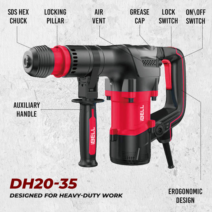 IBELL IBL DH20-35 1350W SDS Hex Demolition Hammer | 20J High Impact Concrete Breaker | 4500 BPM Heavy-Duty Electric Jack Hammer | 5.3 kg Lightweight Design with Anti-Vibration System | For Concrete, Masonry & Construction Work- 6 Months Warranty