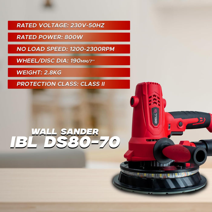 iBELL Dry Wall Sander DS80-70, 180MM, 800W, 1200-2300rpm with Vacuum and LED Light