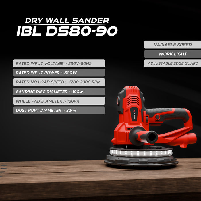 iBELL Dry Wall Sander DS80-90, 180MM, 800W, 1200-2300rpm with Vacuum and LED Light - 6 Months Warranty