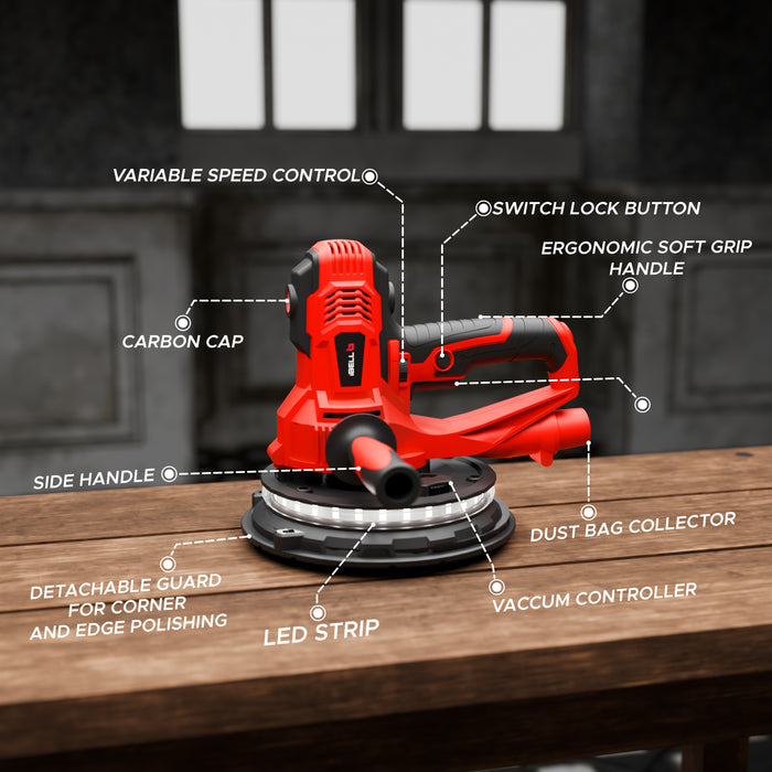 iBELL Dry Wall Sander DS80-90, 180MM, 800W, 1200-2300rpm with Vacuum and LED Light - 6 Months Warranty