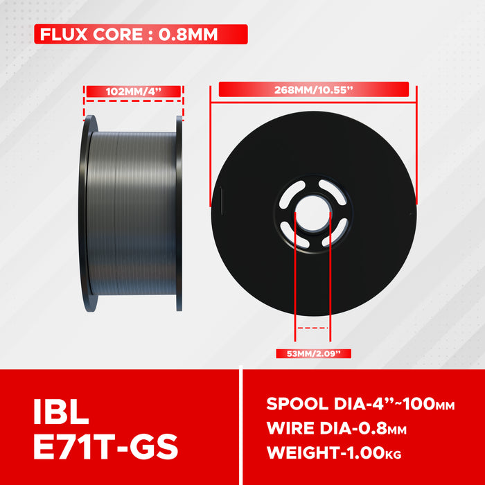 IBELL 4.9 KG.76.2cm-(0.8 Mm) Mild Steel Mag Flux Core Welding Wire, E71T-GS On 4.9 KG Spool, Professional Mild Steel MAG Gasless Wire With Low Splatter And For All Position Gasless Welding, Suitable for IBELL M250 Pro / M220-81 Welding Machines