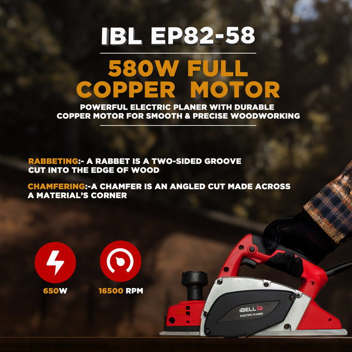 IBELL Electric Hand Planer EP82-58, 580W, Copper Armature, 16500 RPM, Planing Width 82 mm