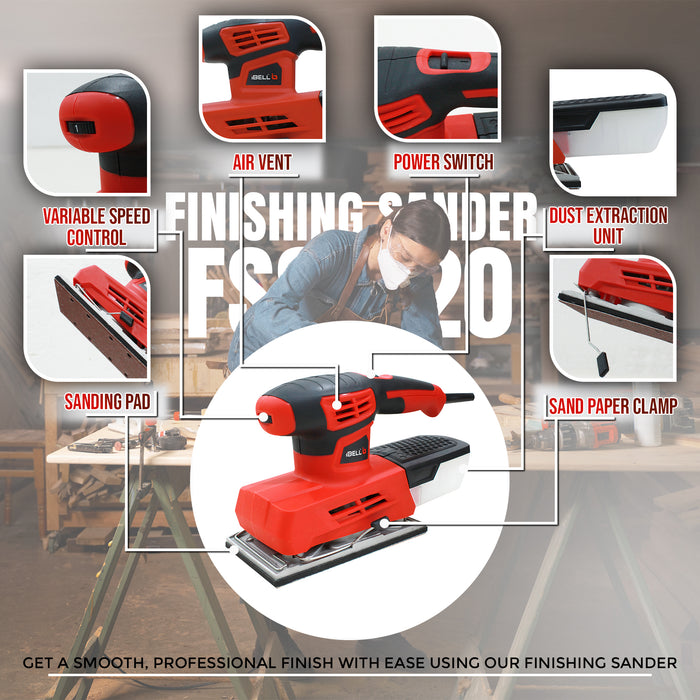 iBELL FS  87-20 Finishing Sander 220W, 90X187mm, 6000-12000RPM, 230V, 50Hz with Sand Paper & Dust Box - 6 Months Warranty