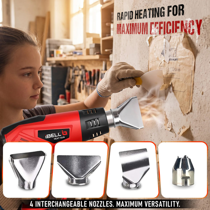 IBELL HG20-98 Heat Gun with 4 Nozzles, 2000W, 12 Temperatures 50 °C to 600 °C, Dual Air Flow 250 | 550 L/min- 6 months Warranty