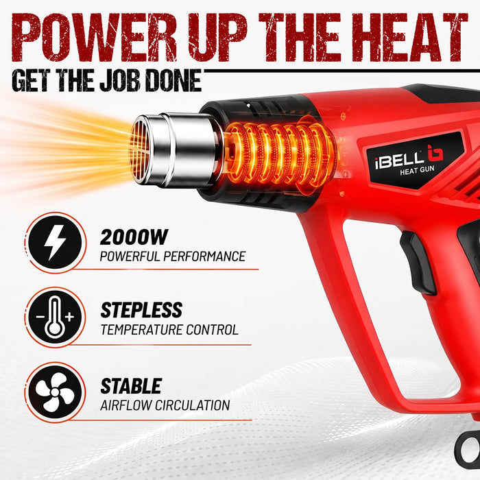 IBELL HG20-98 Heat Gun with 4 Nozzles, 2000W, 12 Temperatures 50 °C to 600 °C, Dual Air Flow 250 | 550 L/min- 6 months Warranty