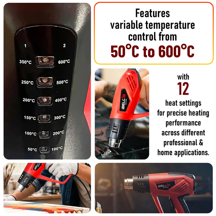 IBELL HG20-98 Heat Gun with 4 Nozzles, 2000W, 12 Temperatures 50 °C to 600 °C, Dual Air Flow 250 | 550 L/min- 6 months Warranty