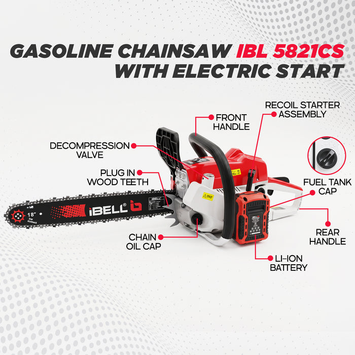 iBELL IBL 5821CS Gasoline Chainsaw with Electric Start, 58CC 2-Stroke Engine, 2.5KW Power, 18-Inch Guide Bar, 3000 RPM, 8.25mm Chain Pitch, Petrol Chain Saw for Cutting Wood & Trees, 6 Months Warranty