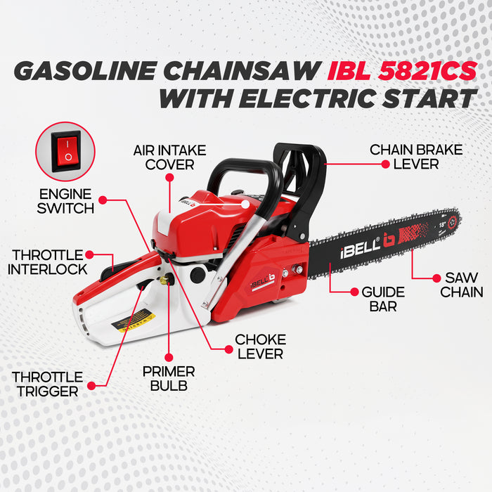 iBELL IBL 5821CS Gasoline Chainsaw with Electric Start, 58CC 2-Stroke Engine, 2.5KW Power, 18-Inch Guide Bar, 3000 RPM, 8.25mm Chain Pitch, Petrol Chain Saw for Cutting Wood & Trees, 6 Months Warranty