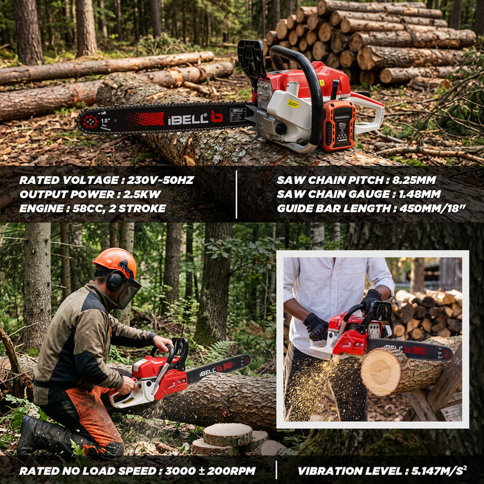iBELL IBL 5821CS Gasoline Chainsaw with Electric Start, 58CC 2-Stroke Engine, 2.5KW Power, 18-Inch Guide Bar, 3000 RPM, 8.25mm Chain Pitch, Petrol Chain Saw for Cutting Wood & Trees, 6 Months Warranty