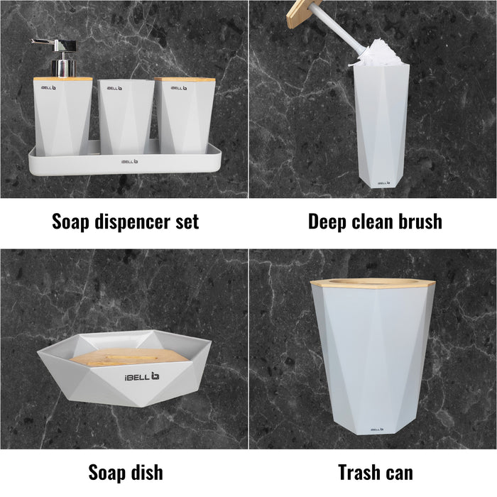 IBL 99-G7 iBELL 7-Piece Modern Acrylic Bathroom Accessories Set – Includes Liquid Soap Dispenser, Toothbrush Holder, Toilet Brush, Bin, and More – Stylish Grey Gift Set for Home