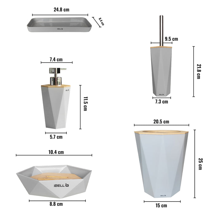 IBL 99-G7 iBELL 7-Piece Modern Acrylic Bathroom Accessories Set – Includes Liquid Soap Dispenser, Toothbrush Holder, Toilet Brush, Bin, and More – Stylish Grey Gift Set for Home
