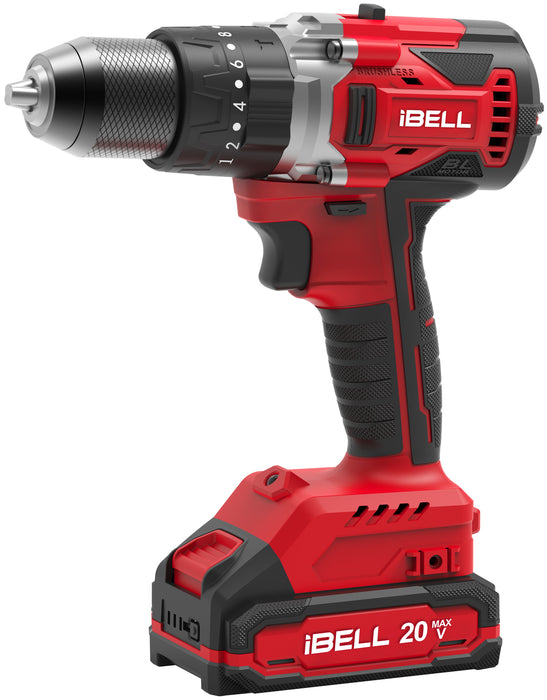 IBELL One Power Series Cordless Impact Drill Brushless Aluminum Chuck BD20-80 20V 80Nm with 2 Ah battery , 0.5 inches, 80 Watts, Red with 18 months warranty