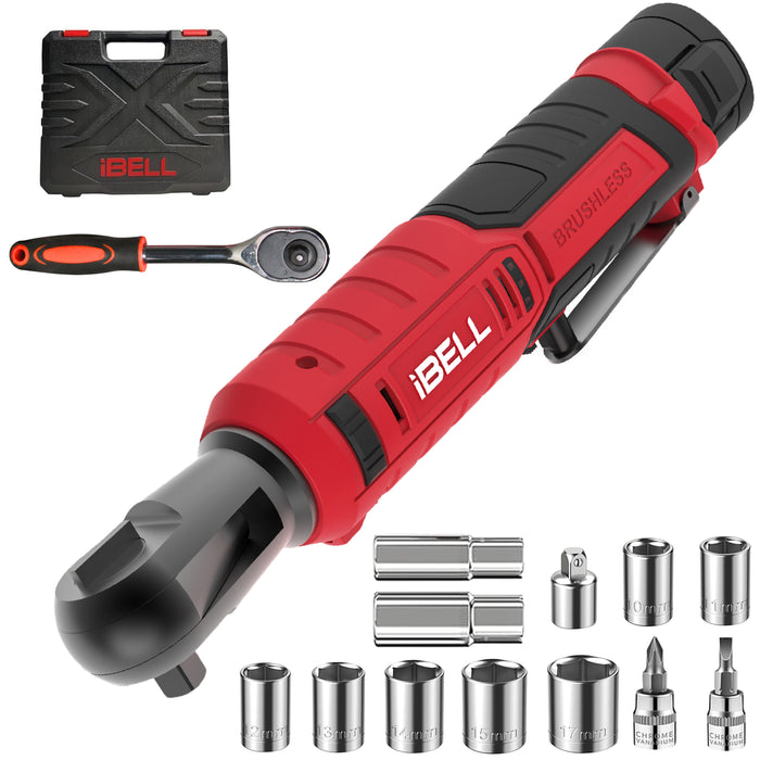 IBELL BW12-70 Cordless Ratchet Wrench Kit, 12V Brushless, 3/8" (9.5mm) Output Shaft, 70 Nm Torque, 0–200 RPM Variable Speed, Forward & Reverse, 1500mAh Battery, Includes Sockets, 12 Months Warranty