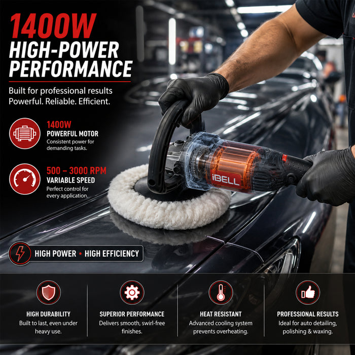 iBell CP80-18, 230V 1400W Variable Speed Car Polisher with 180mm Disc - High-Power Polishing & Sanding Tool for Paint Correction, Waxing, and Headlight Restoration