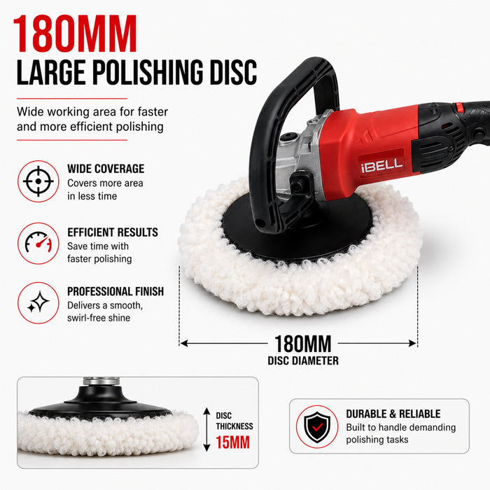 iBell CP80-18, 230V 1400W Variable Speed Car Polisher with 180mm Disc - High-Power Polishing & Sanding Tool for Paint Correction, Waxing, and Headlight Restoration