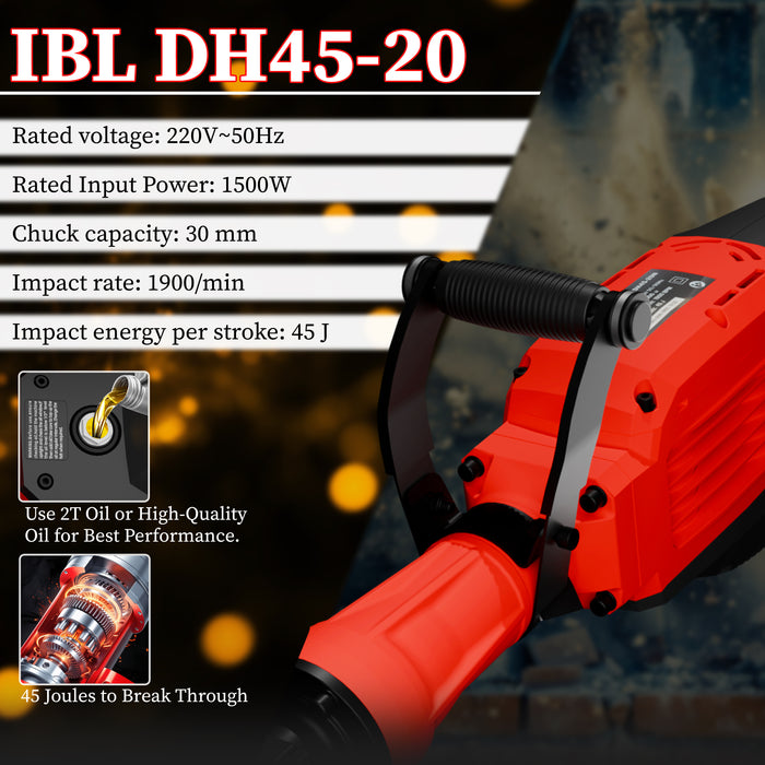 iBELL DH45-20 Demolition Hammer 30MM Heavy Duty Concrete Breaker 1900 BPM - Jack Hammer Demolition Drills with Flat and Bull Point Chisel - 6 Months Warranty