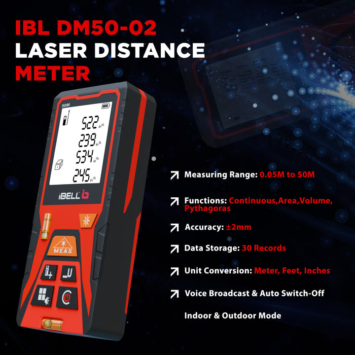 iBELL DM50-02 Laser Distance Meter 50M | Indoor & Outdoor | Max/Min, Continuous, Area, Volume, Pythagoras | Unit Conversion | 30 Data Records | Voice | Auto Off | Battery Included | Home & Professional