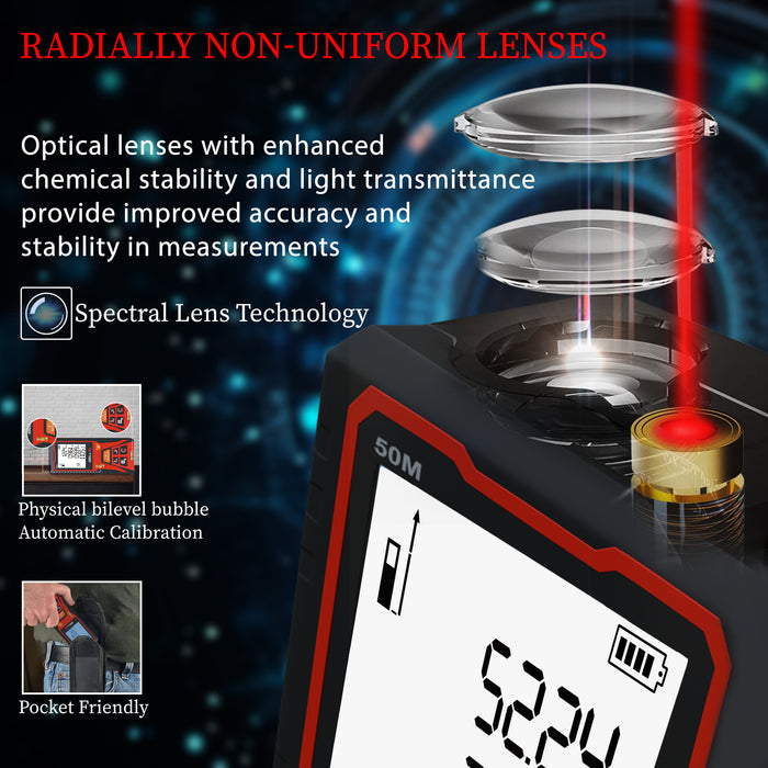 iBELL DM50-02 Laser Distance Meter 50M | Indoor & Outdoor | Max/Min, Continuous, Area, Volume, Pythagoras | Unit Conversion | 30 Data Records | Voice | Auto Off | Battery Included | Home & Professional