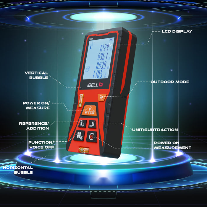 iBELL DM50-02 Laser Distance Meter 50M | Indoor & Outdoor | Max/Min, Continuous, Area, Volume, Pythagoras | Unit Conversion | 30 Data Records | Voice | Auto Off | Battery Included | Home & Professional