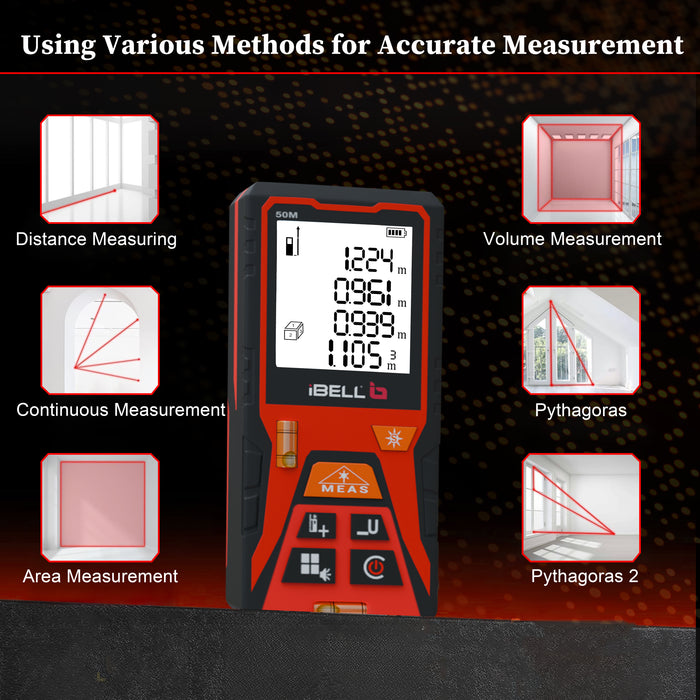 iBELL DM50-02 Laser Distance Meter 50M | Indoor & Outdoor | Max/Min, Continuous, Area, Volume, Pythagoras | Unit Conversion | 30 Data Records | Voice | Auto Off | Battery Included | Home & Professional