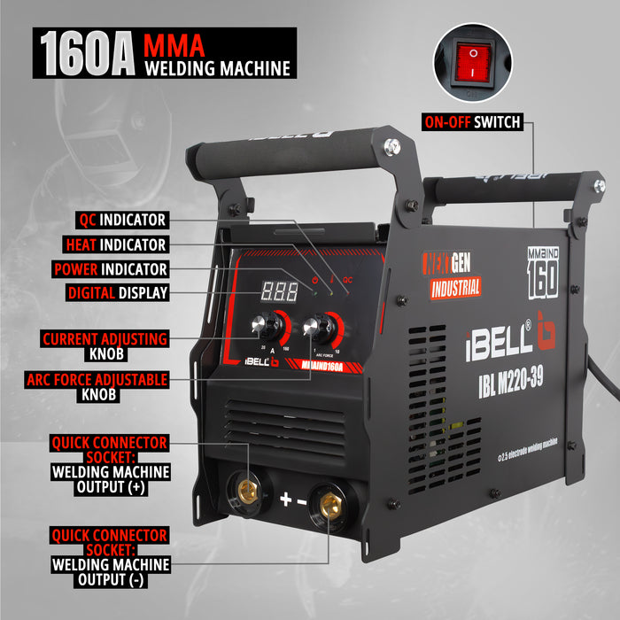 iBELL BLACK IBL M220-39 160A MMA Inverter Welder | 3 PCB | Advanced IGBT Technology | Hot Start, VRD, ARC Force, Anti-Stick | Electrode 1.0–4.0mm | High Duty Cycle | 1-Year Warranty