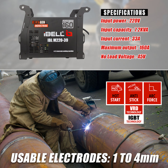 iBELL BLACK IBL M220-39 160A MMA Inverter Welder | 3 PCB | Advanced IGBT Technology | Hot Start, VRD, ARC Force, Anti-Stick | Electrode 1.0–4.0mm | High Duty Cycle | 1-Year Warranty