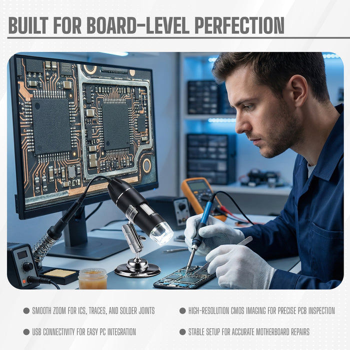 iBELL IBL-ML1000X USB Digital Inspection Microscope with Up to 1000X Magnification, CMOS Sensor, 8 LED Illumination, 1080P Resolution Support, for PCB Analysis, Electronics Repair and Education