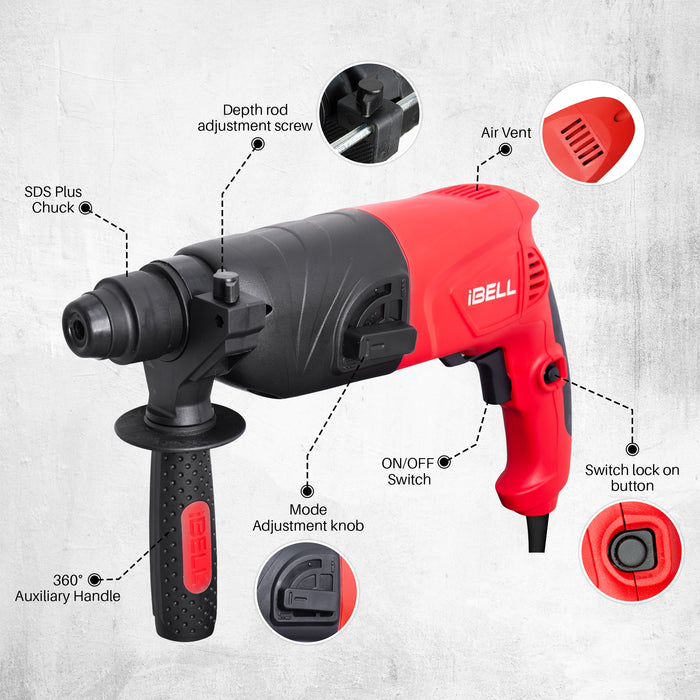 iBELL RH20-25, SDS-Plus, 20MM, 500W Heavy Duty Rotary Hammer Drill, Safety Clutch 2 Functions with Vibration Control, Chisels and Drill Bits with Case - 6 Months Warranty
