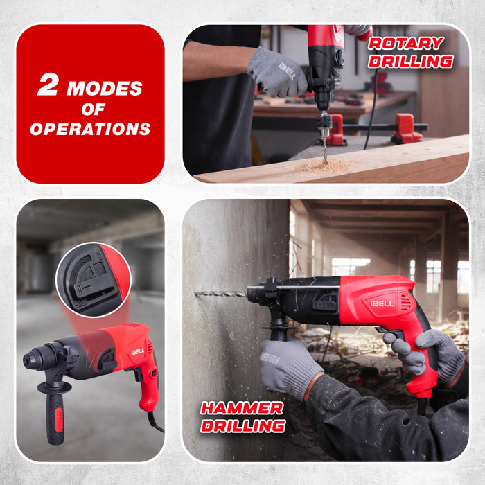 iBELL RH20-25, SDS-Plus, 20MM, 500W Heavy Duty Rotary Hammer Drill, Safety Clutch 2 Functions with Vibration Control, Chisels and Drill Bits with Case - 6 Months Warranty
