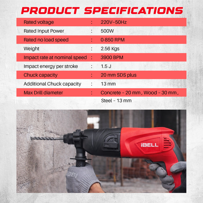iBELL RH20-25, SDS-Plus, 20MM, 500W Heavy Duty Rotary Hammer Drill, Safety Clutch 2 Functions with Vibration Control, Chisels and Drill Bits with Case - 6 Months Warranty
