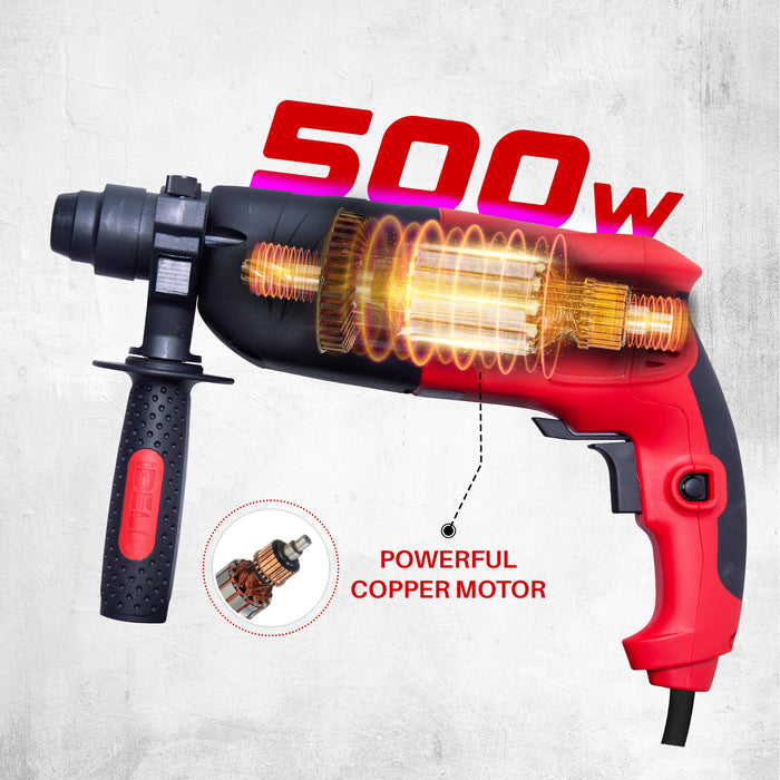 iBELL RH20-25, SDS-Plus, 20MM, 500W Heavy Duty Rotary Hammer Drill, Safety Clutch 2 Functions with Vibration Control, Chisels and Drill Bits with Case - 6 Months Warranty