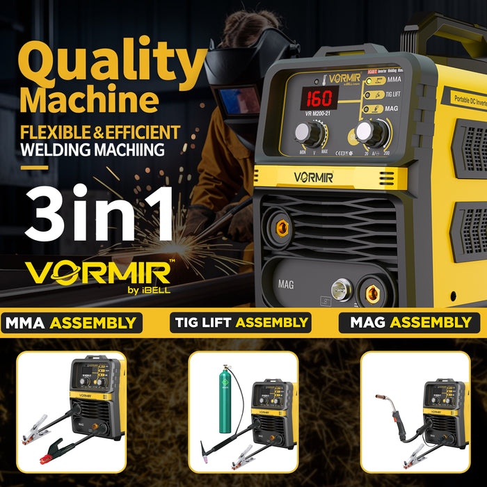 Renewed – iBELL VORMIR VR M200-21 Inverter MMA/MAG/TIG LIFT Welding Machine (Home/DIY) 200A with Hot Start, Anti-Stick Functions – 1-Year Warranty – with Minor Body Scratches – Full Warranty