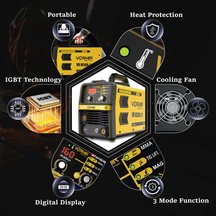 Renewed – iBELL VORMIR VR M200-21 Inverter MMA/MAG/TIG LIFT Welding Machine (Home/DIY) 200A with Hot Start, Anti-Stick Functions – 1-Year Warranty – with Minor Body Scratches – Full Warranty