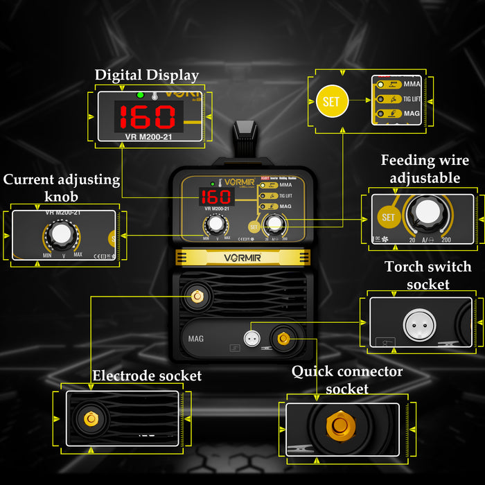 Renewed – iBELL VORMIR VR M200-21 Inverter MMA/MAG/TIG LIFT Welding Machine (Home/DIY) 200A with Hot Start, Anti-Stick Functions – 1-Year Warranty – with Minor Body Scratches – Full Warranty