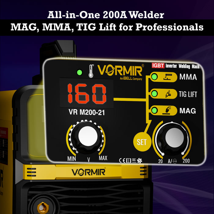Renewed – iBELL VORMIR VR M200-21 Inverter MMA/MAG/TIG LIFT Welding Machine (Home/DIY) 200A with Hot Start, Anti-Stick Functions – 1-Year Warranty – with Minor Body Scratches – Full Warranty