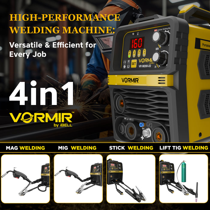 Renewed – iBELL VORMIR VR M200-22 Inverter MMA/MIG/MAG/TIG LIFT Welding Machine (Home/DIY) 200A with Hot Start, Anti-Stick Functions – 1-Year Warranty – with Minor Body Scratches – Full Warranty