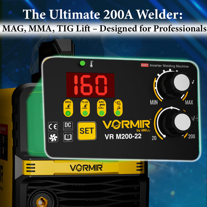 Renewed – iBELL VORMIR VR M200-22 Inverter MMA/MIG/MAG/TIG LIFT Welding Machine (Home/DIY) 200A with Hot Start, Anti-Stick Functions – 1-Year Warranty – with Minor Body Scratches – Full Warranty