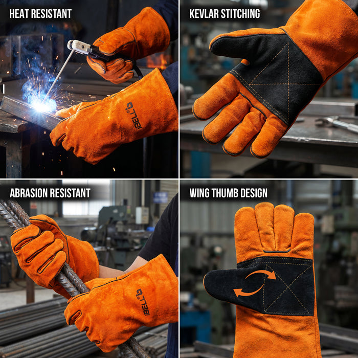 IBELL IBL WG60-14 Welding Gloves 14 Inch | Heat Resistant Leather Safety Gloves for ARC, MIG & TIG Welding | Heavy Duty Industrial Protective Gloves for Cutting, Grinding & Fabrication