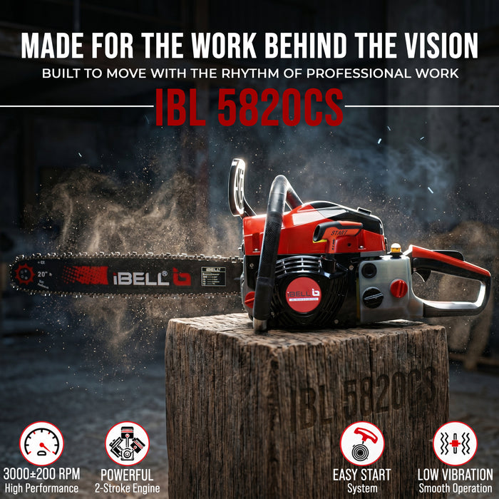 iBELL IBL 5820CS Gasoline Chainsaw 58CC 2-Stroke Engine | 20-Inch (508mm) Guide Bar Petrol Chainsaw | 2.5KW Power Output | Automatic Fuel Mixing System | Stopping Switch & Petrol Indicator