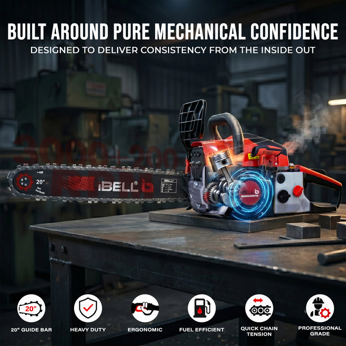 iBELL IBL 5820CS Gasoline Chainsaw 58CC 2-Stroke Engine | 20-Inch (508mm) Guide Bar Petrol Chainsaw | 2.5KW Power Output | Automatic Fuel Mixing System | Stopping Switch & Petrol Indicator