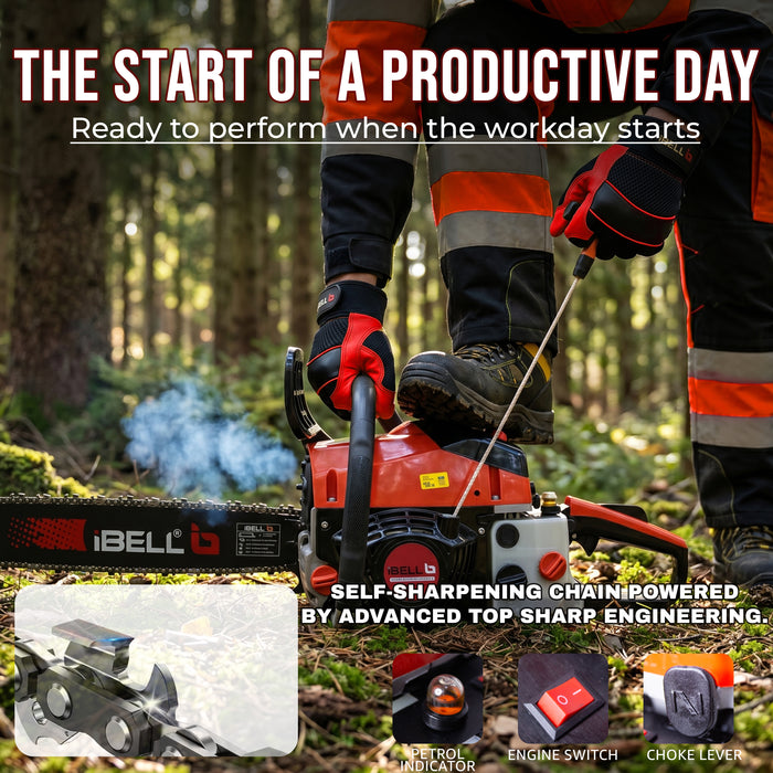 iBELL IBL 5820CS Gasoline Chainsaw 58CC 2-Stroke Engine | 20-Inch (508mm) Guide Bar Petrol Chainsaw | 2.5KW Power Output | Automatic Fuel Mixing System | Stopping Switch & Petrol Indicator