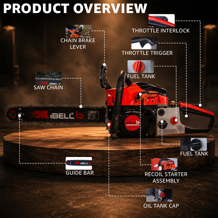 iBELL IBL 5820CS Gasoline Chainsaw 58CC 2-Stroke Engine | 20-Inch (508mm) Guide Bar Petrol Chainsaw | 2.5KW Power Output | Automatic Fuel Mixing System | Stopping Switch & Petrol Indicator