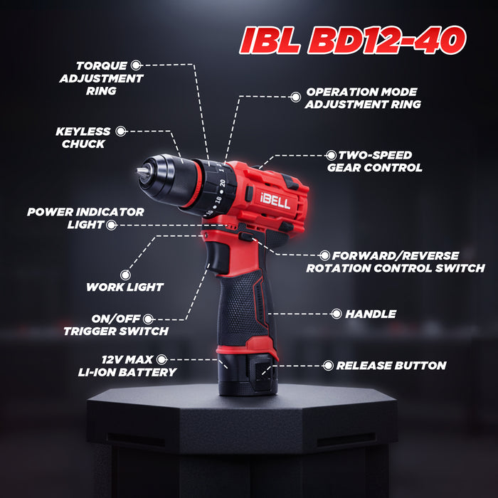 IBELL BD12-40 12V Brushless Cordless Impact Drill | 1500mAh Battery | 2-Speed | 20+3 Torque Settings | 0–27000 IPM | Wood 20mm, Steel 10mm | Compact & Powerful Drill Machine | 12 Months Warranty