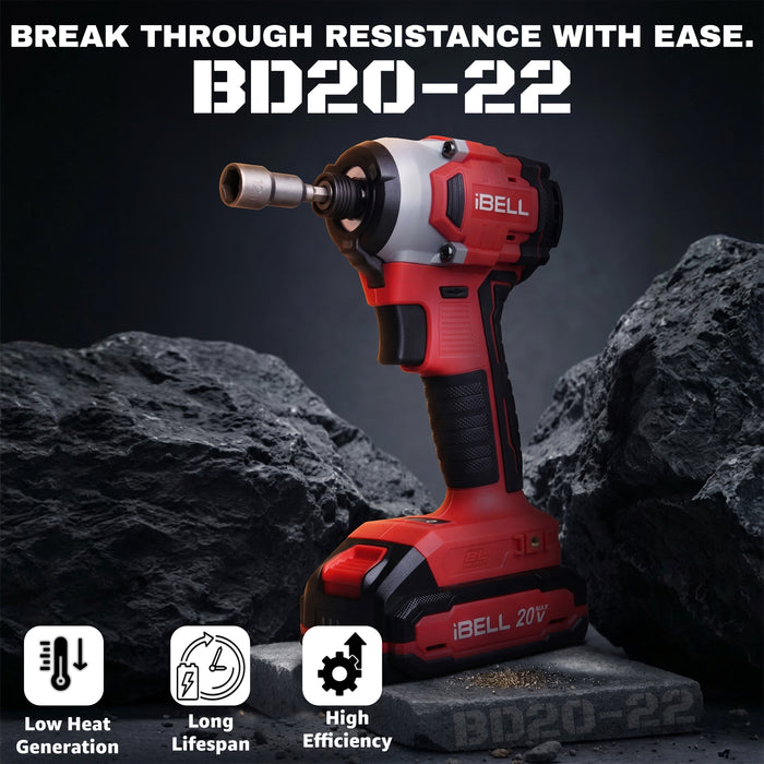 iBELL IBL BD20-22 20V Brushless Cordless Impact Screwdriver Impact Driver | 220Nm High Torque | 3-Speed Control | 2 Mode Impact Driver | 1/4" Hex Chuck | Professional Power Tool | 12 Months Warranty
