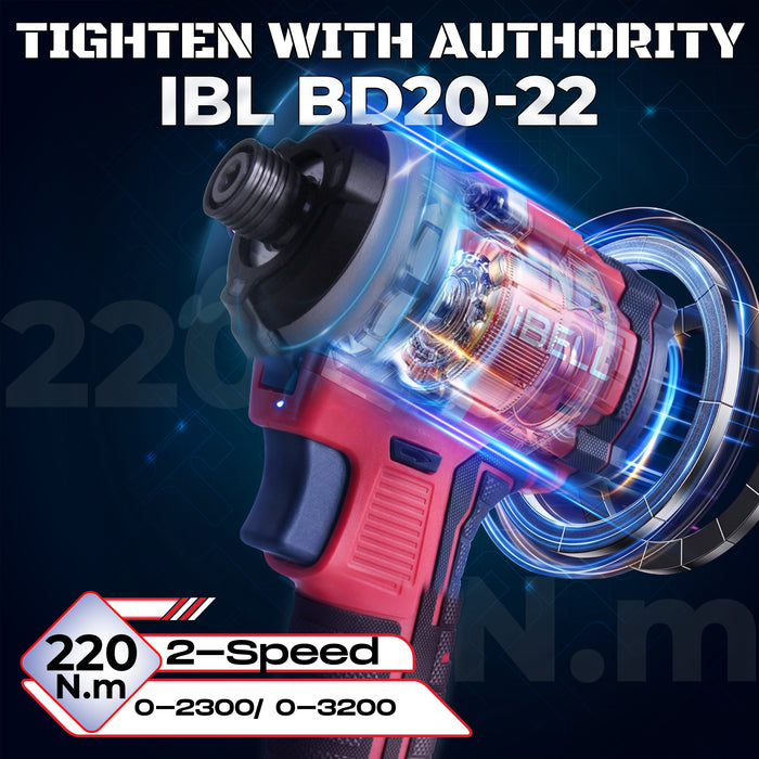 iBELL IBL BD20-22 20V Brushless Cordless Impact Screwdriver Impact Driver | 220Nm High Torque | 3-Speed Control | 2 Mode Impact Driver | 1/4" Hex Chuck | Professional Power Tool | 12 Months Warranty
