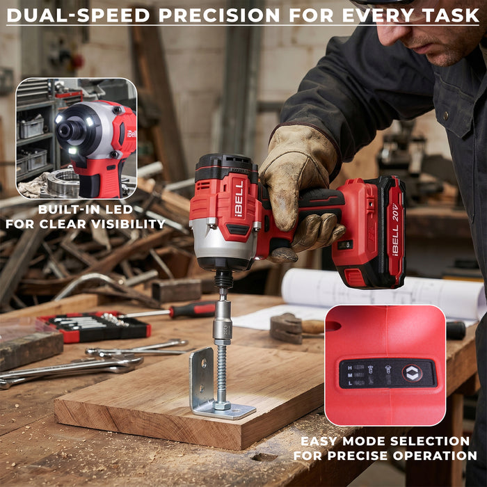 iBELL IBL BD20-22 20V Brushless Cordless Impact Screwdriver Impact Driver | 220Nm High Torque | 3-Speed Control | 2 Mode Impact Driver | 1/4" Hex Chuck | Professional Power Tool | 12 Months Warranty