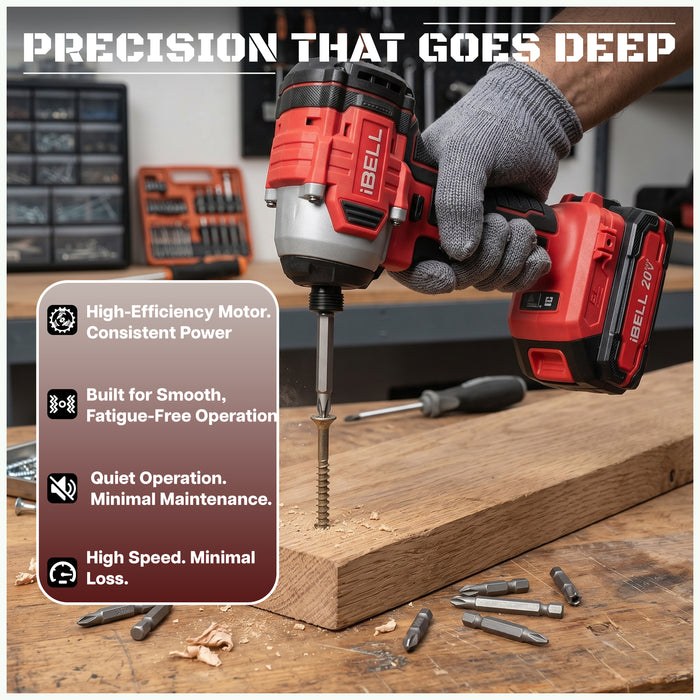 iBELL IBL BD20-22 20V Brushless Cordless Impact Screwdriver Impact Driver | 220Nm High Torque | 3-Speed Control | 2 Mode Impact Driver | 1/4" Hex Chuck | Professional Power Tool | 12 Months Warranty